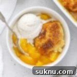 Simple Delicious Gluten-Free Peach Cobbler 14 Gluten-free peach cobbler in a bowl topped with vanilla ice cream, ready to be served
