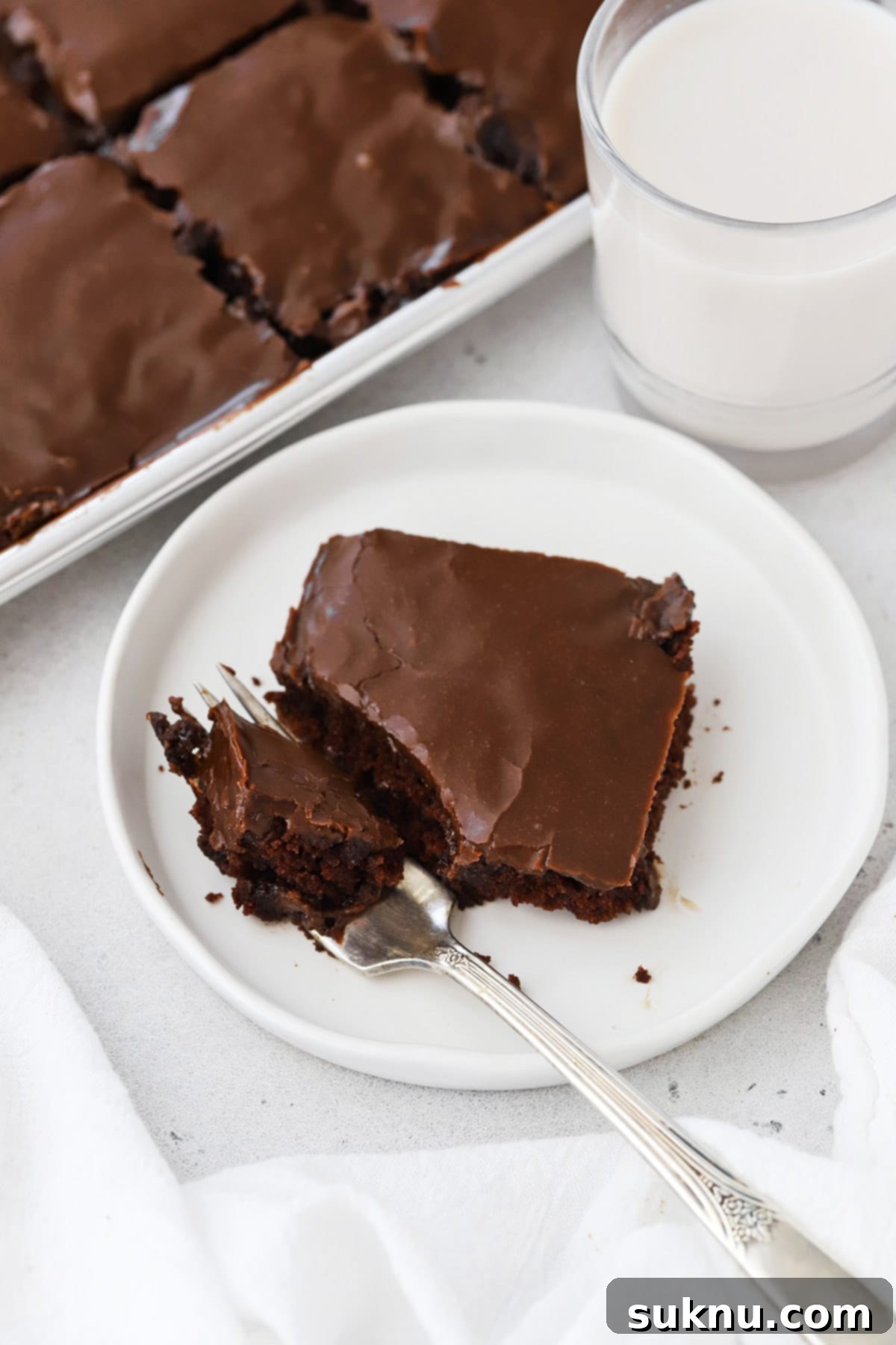 A perfectly sliced piece of gluten-free Texas chocolate sheet cake on a white plate, showcasing its rich chocolate crumb and smooth fudge frosting.