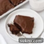 A slice of gluten-free texas sheet cake on a white plate