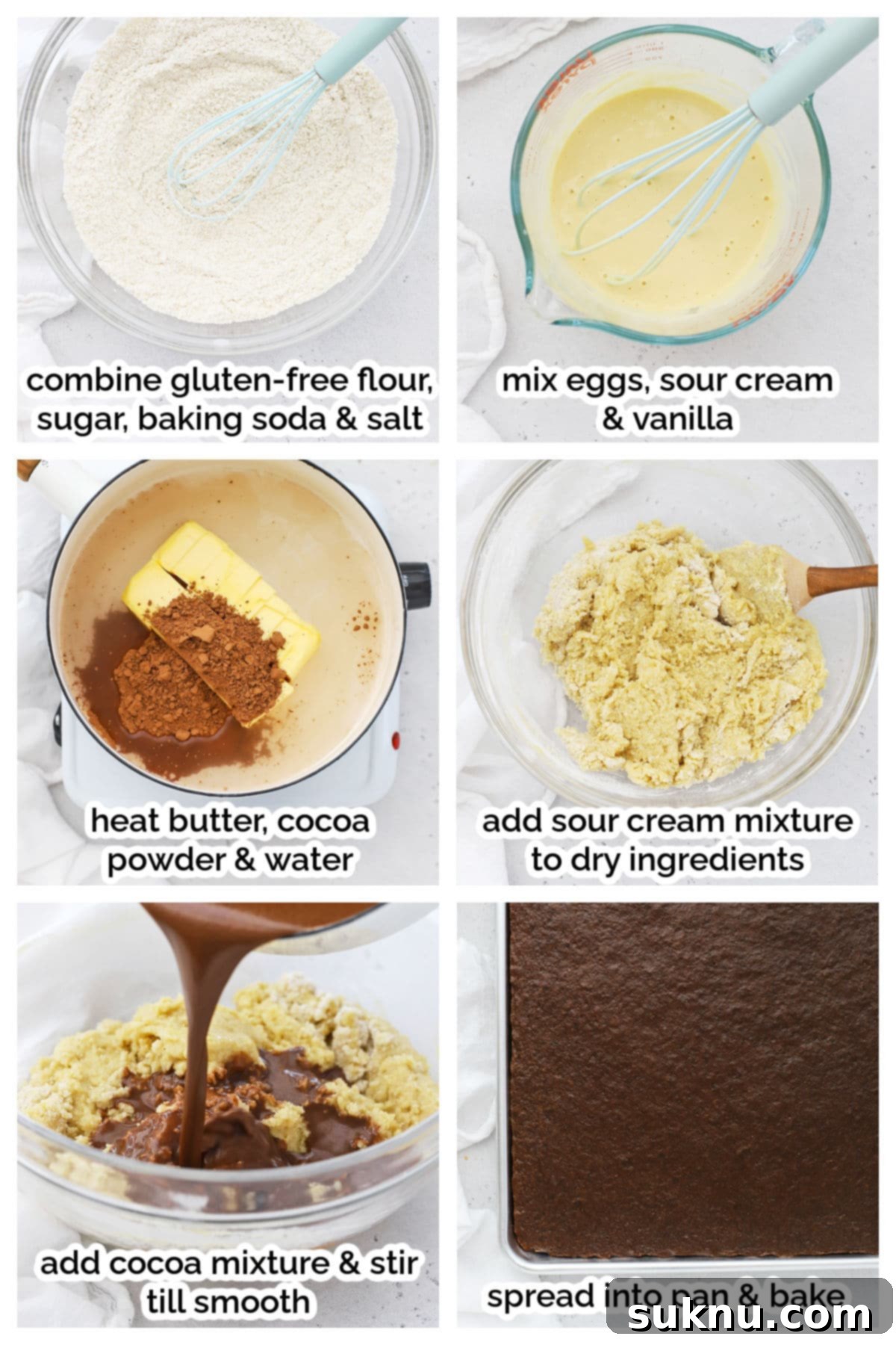 A step-by-step collage showing the process of making gluten-free Texas chocolate sheet cake, from mixing ingredients to pouring batter.