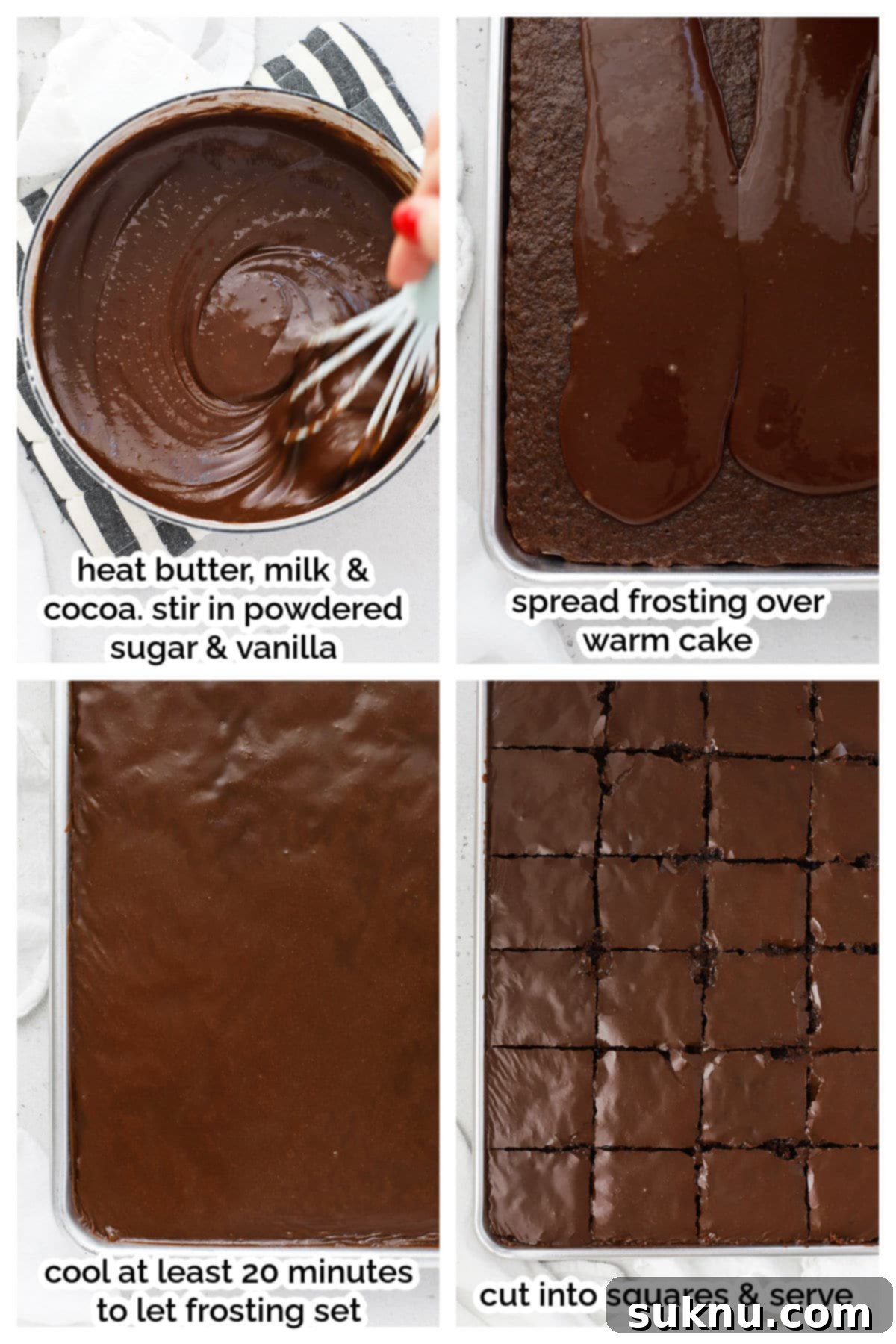 Warm chocolate fudge frosting being spread evenly over a freshly baked gluten-free Texas sheet cake using an offset spatula.