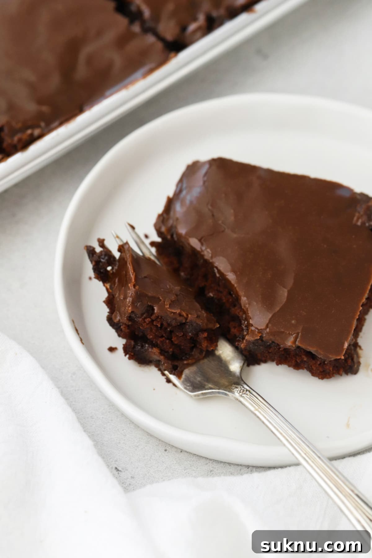A close-up of a single slice of gluten-free Texas chocolate sheet cake on a white plate, ready to be enjoyed.