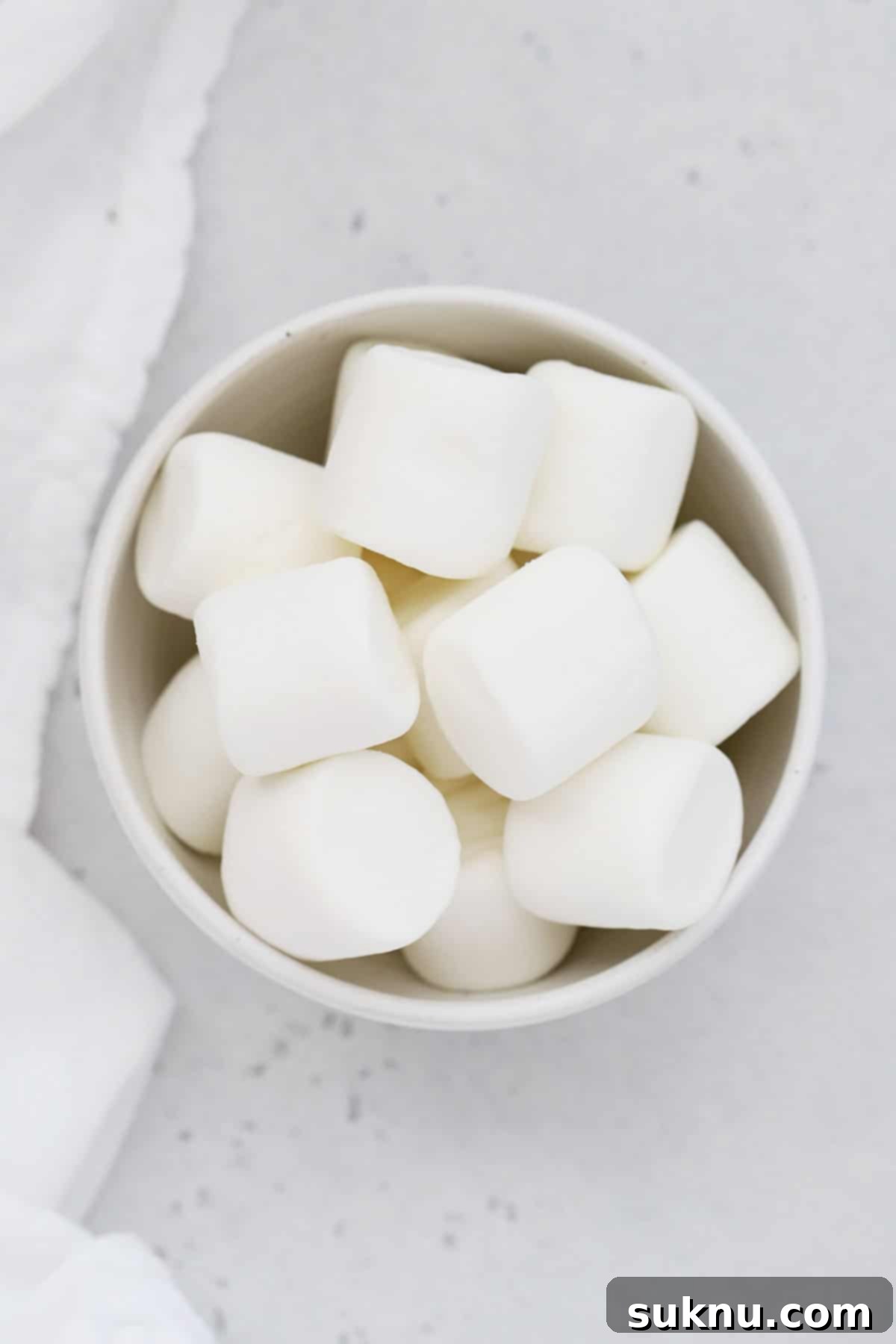 Overhead view of a bowl of gluten-free marshmallows