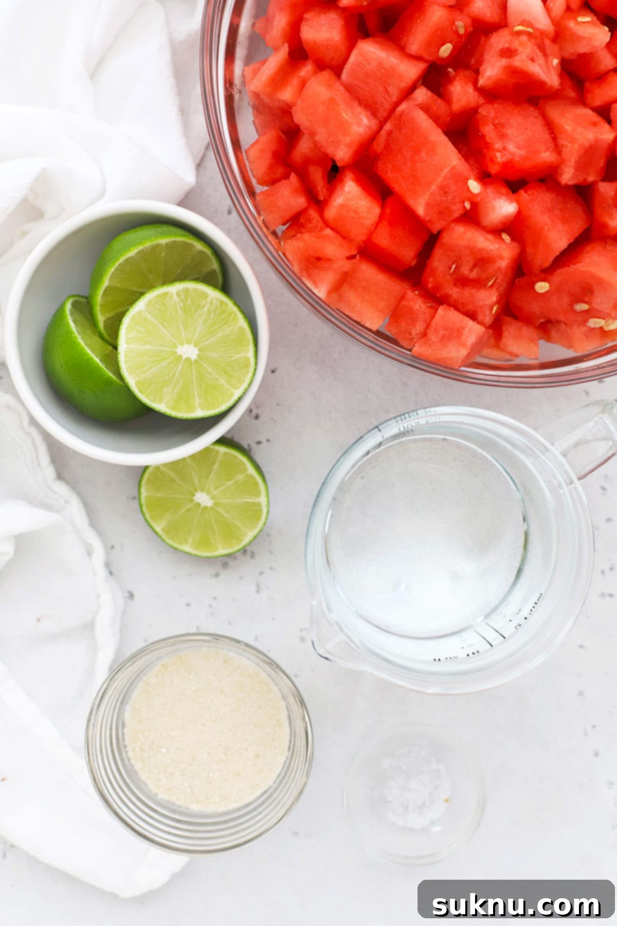 Overhead view of ingredients for watermelon agua fresca (agua de sandia)