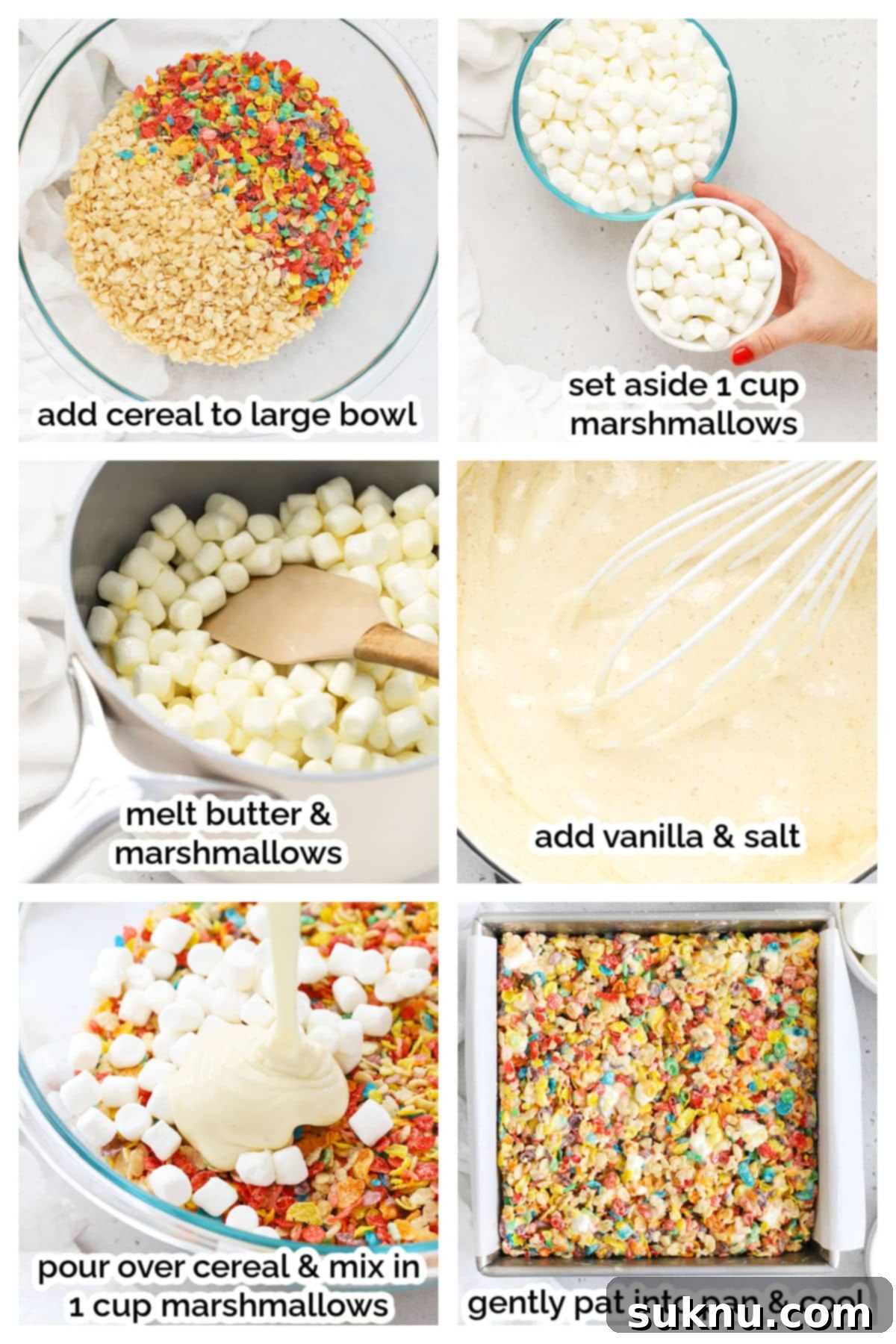 Gluten-Free Fruity Pebbles Treats 4 A step-by-step collage showing the process of making gluten-free Fruity Pebbles treats, from mixing cereal to pressing into a pan.