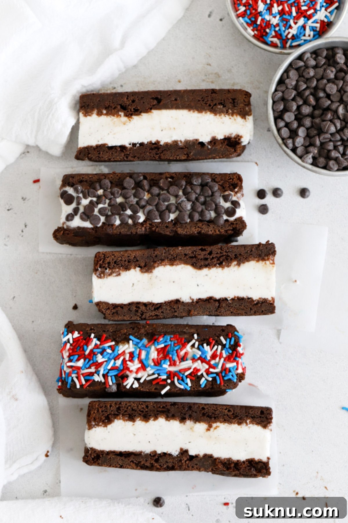 Overhead view of gluten-free brownie ice cream sandwiches cut into bars