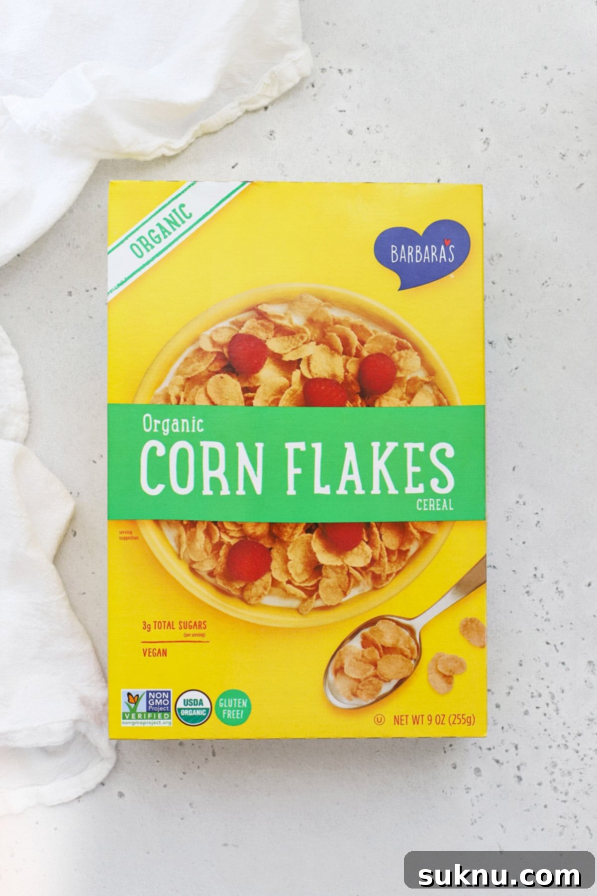 A box of Barbara's Organic Corn Flakes, a certified gluten-free option