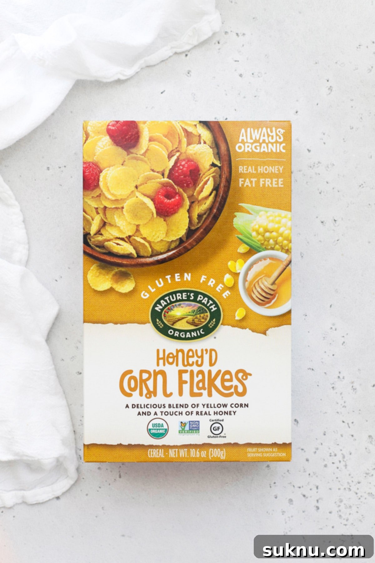 A box of Nature's Path Honey'd Corn Flakes, a naturally sweetened gluten-free cereal