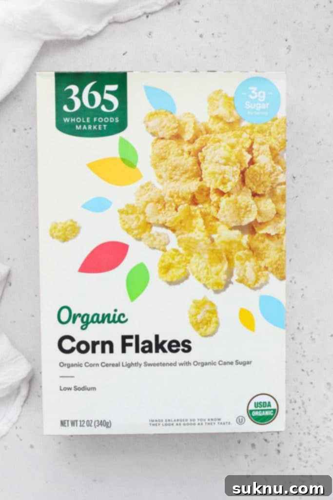 A box of Whole Foods 365 Organic Corn Flakes, made with simple ingredients