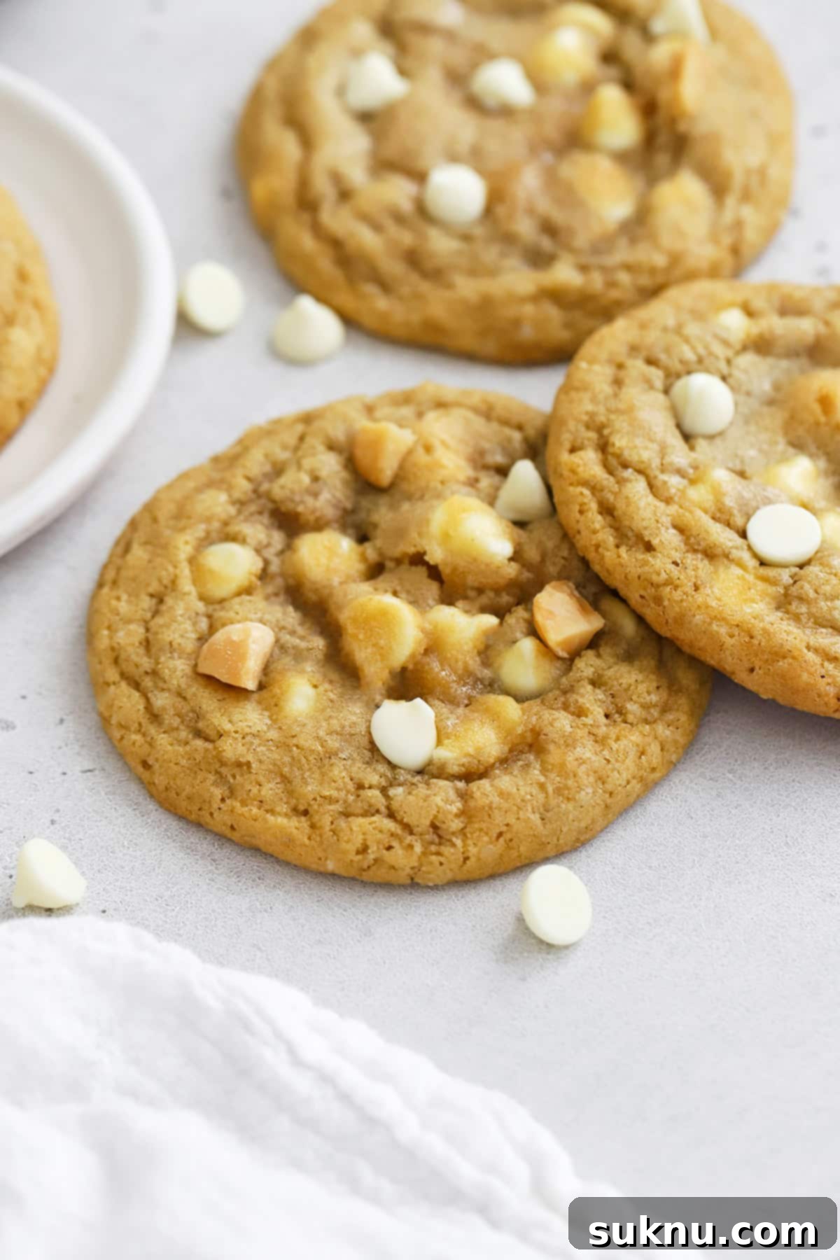 Front view of soft, chewy gluten-free macadamia cookies