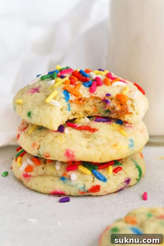 a stack of gluten-free sprinkle sugar cookies next to a bottle of milk