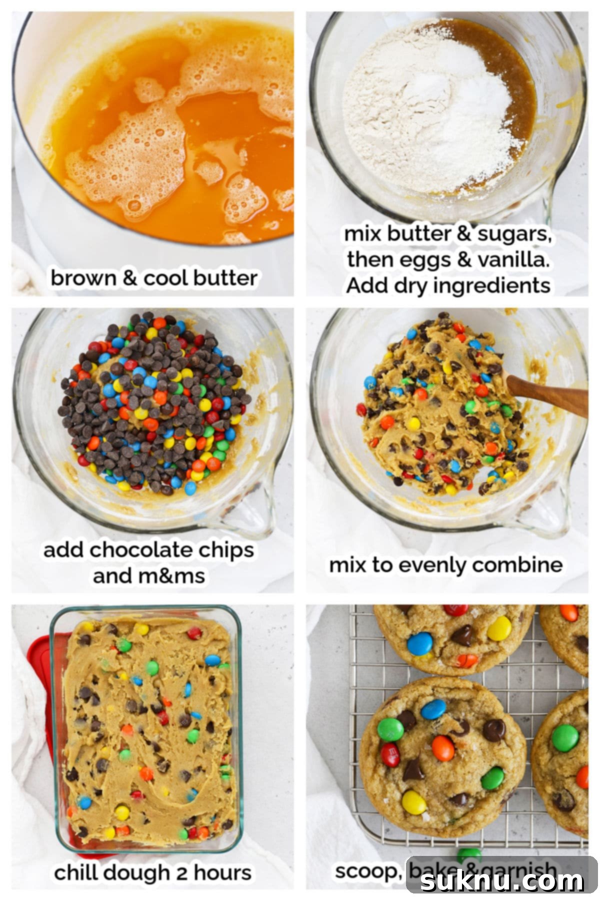 Soft & Chewy Gluten-Free M&M Cookies 4 A series of images showing the step-by-step process of making gluten-free M&M cookies, from mixing ingredients to chilling the dough and baking