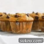 Front view of gluten-free chocolate chip zucchini muffins cooling on a wire rack