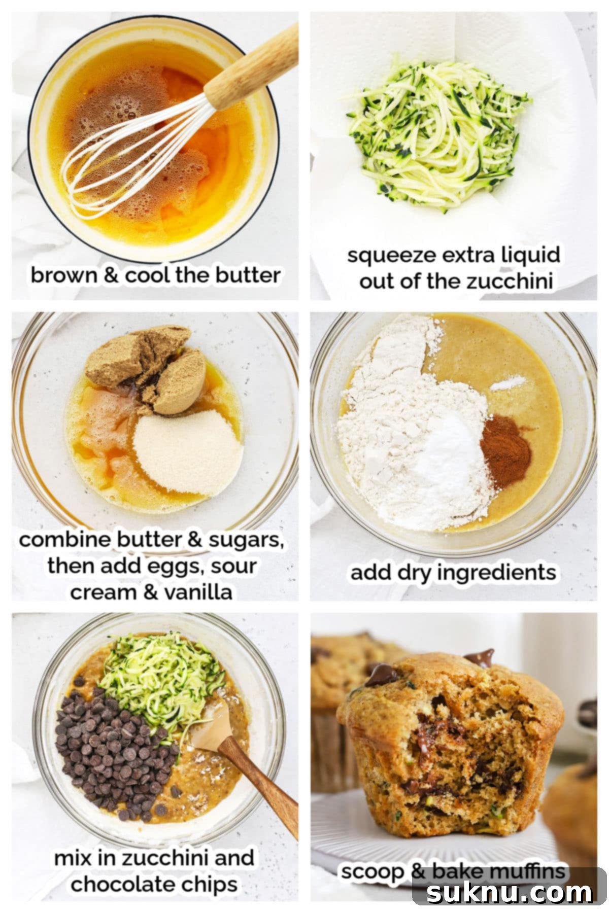 Step-by-step images showing the process of making gluten-free chocolate chip zucchini muffins.