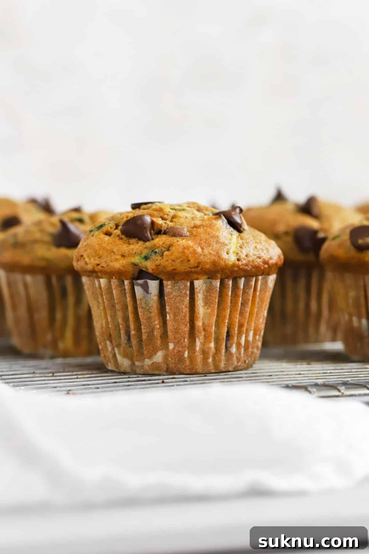 A front view of gluten-free chocolate chip zucchini muffins cooling on a wire rack, highlighted against a soft background.