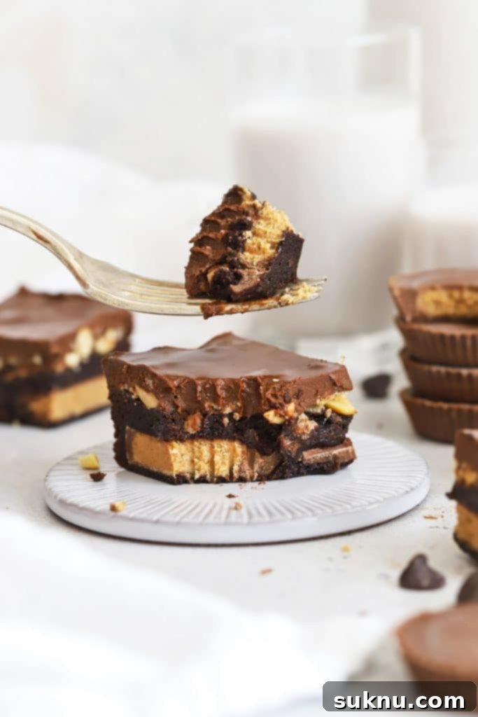 Front view of a gluten-free peanut butter cup brownie