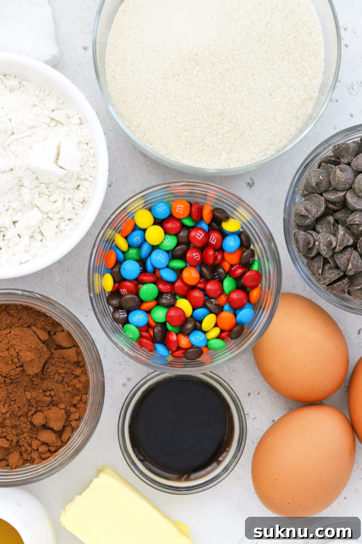 Overhead view of ingredients for gluten-free m&m brownies