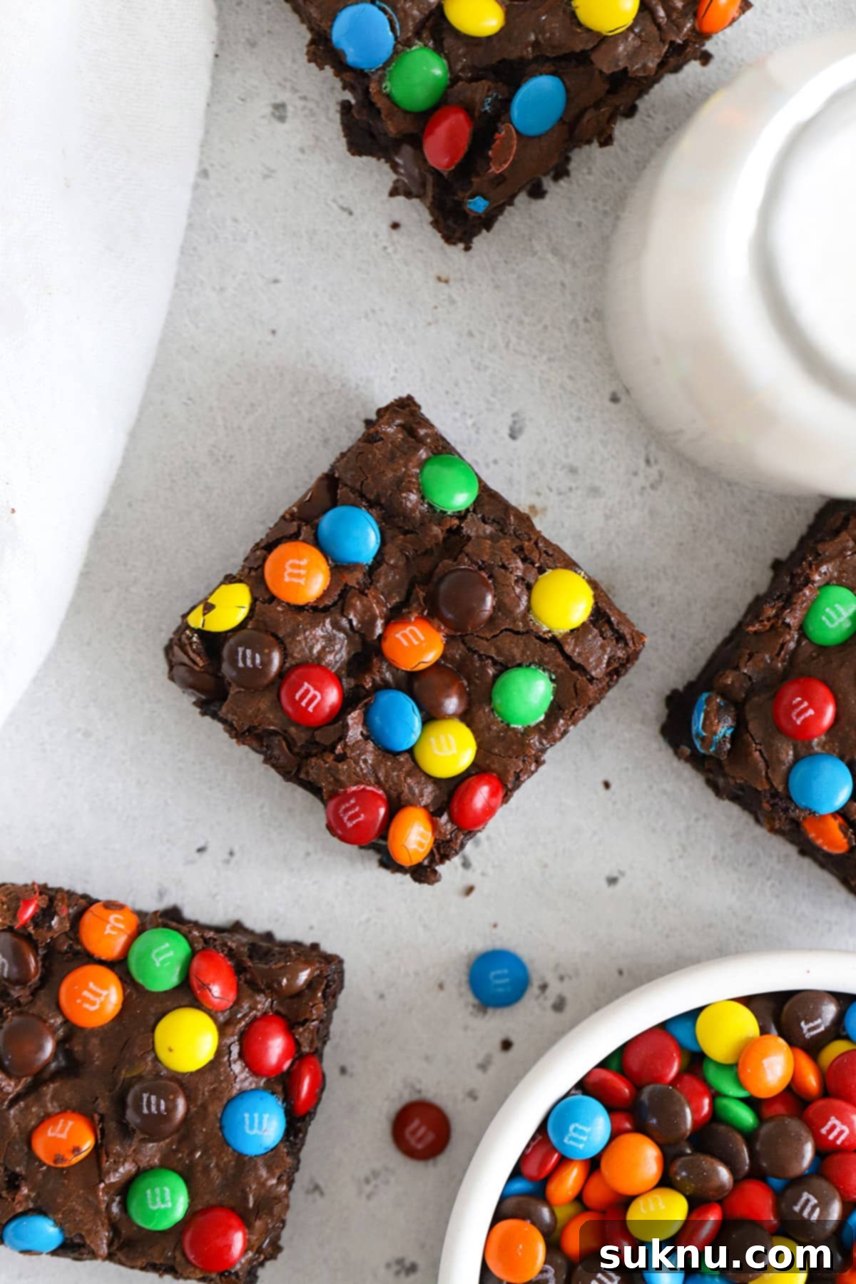 Overhead view of easy gluten-free M&M brownies cut into squares