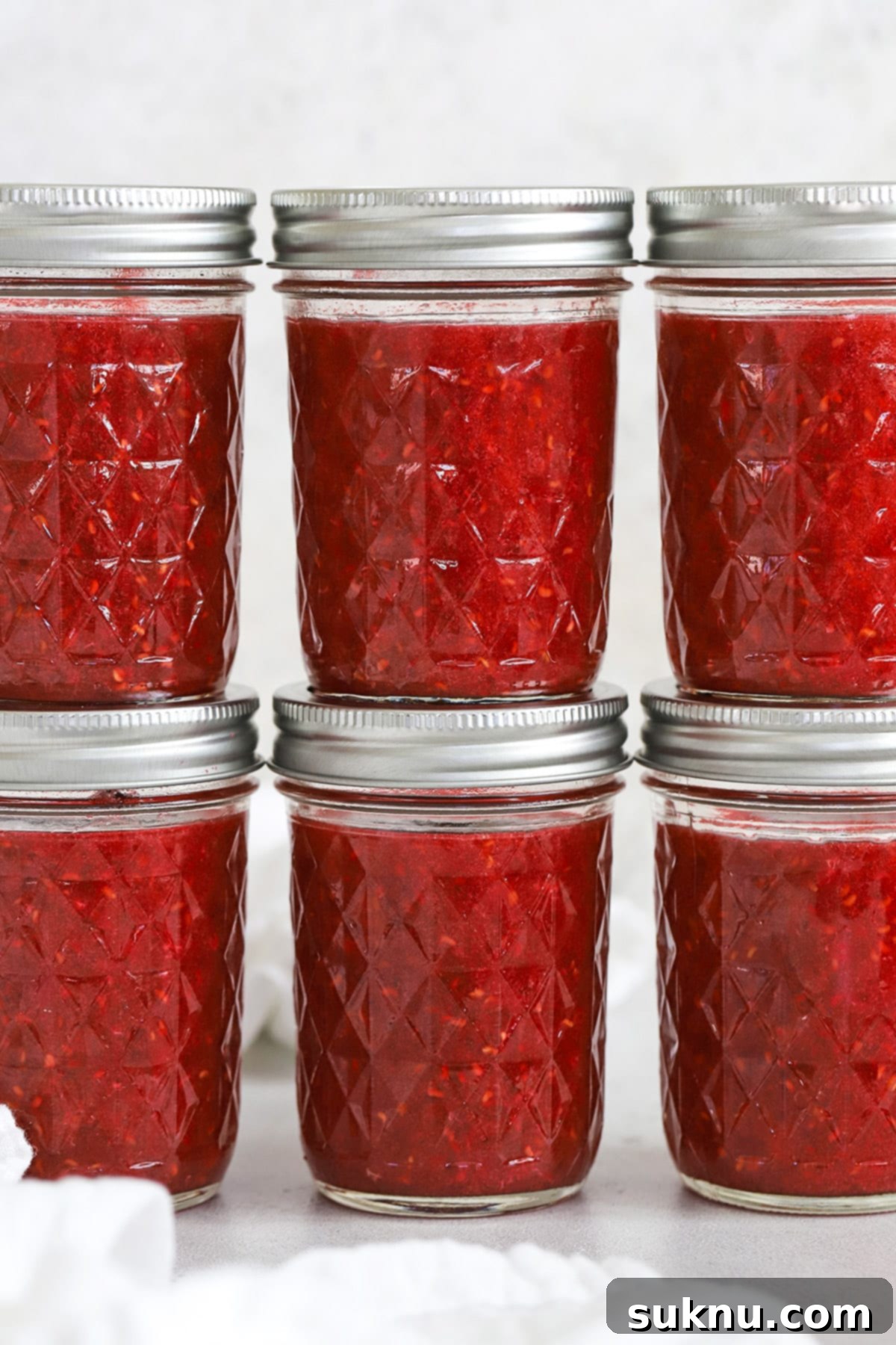 Front view of six freshly filled jars of low sugar raspberry jam, lined up and ready to set.