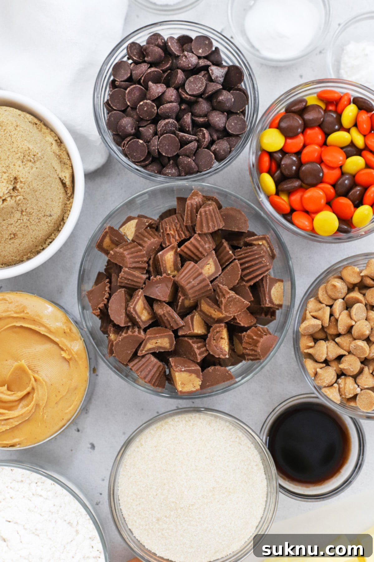 Overhead view of gluten-free Reese's cookie ingredients laid out on a table