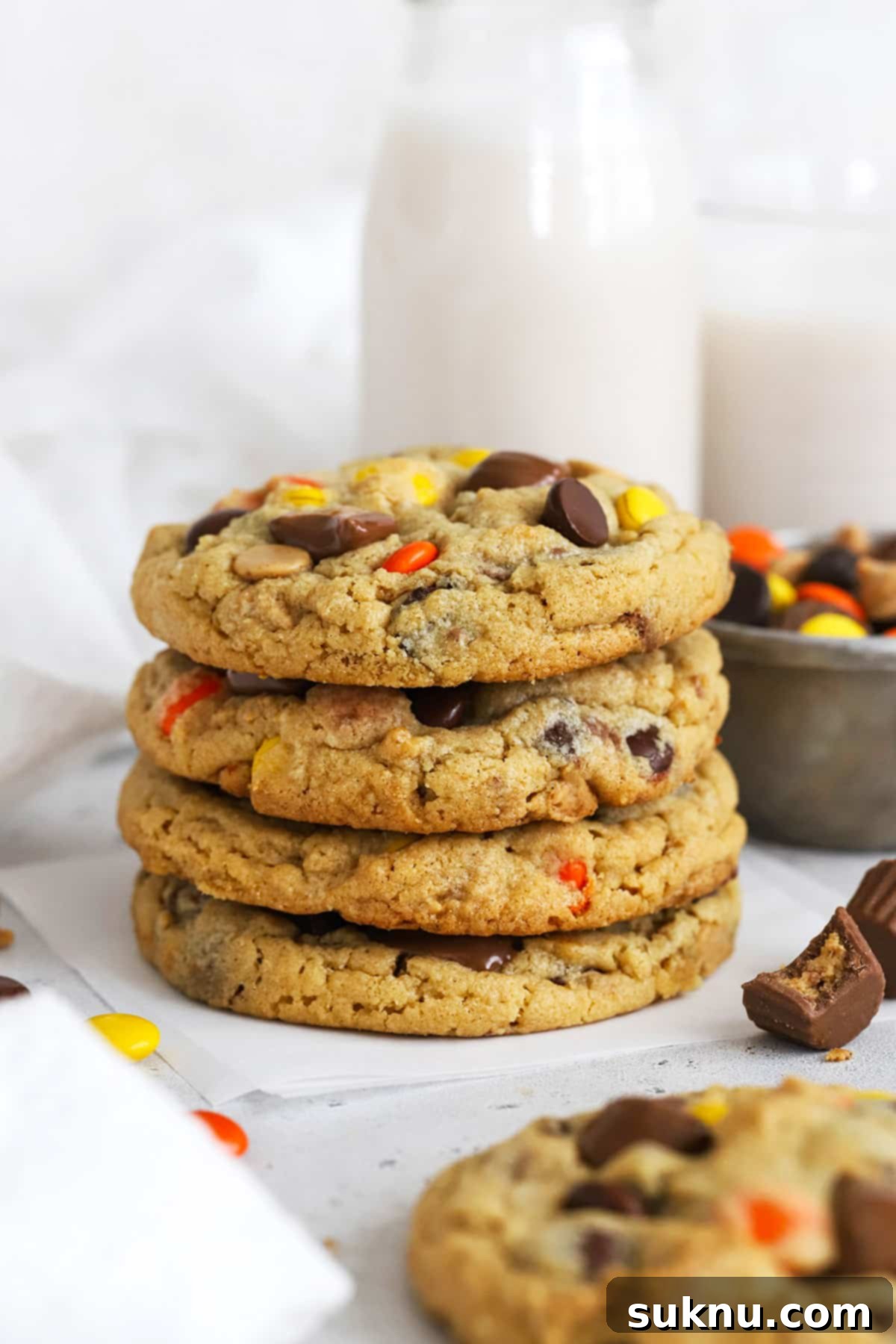 Front view of a stack of golden-brown gluten-free Reese's peanut butter cookies