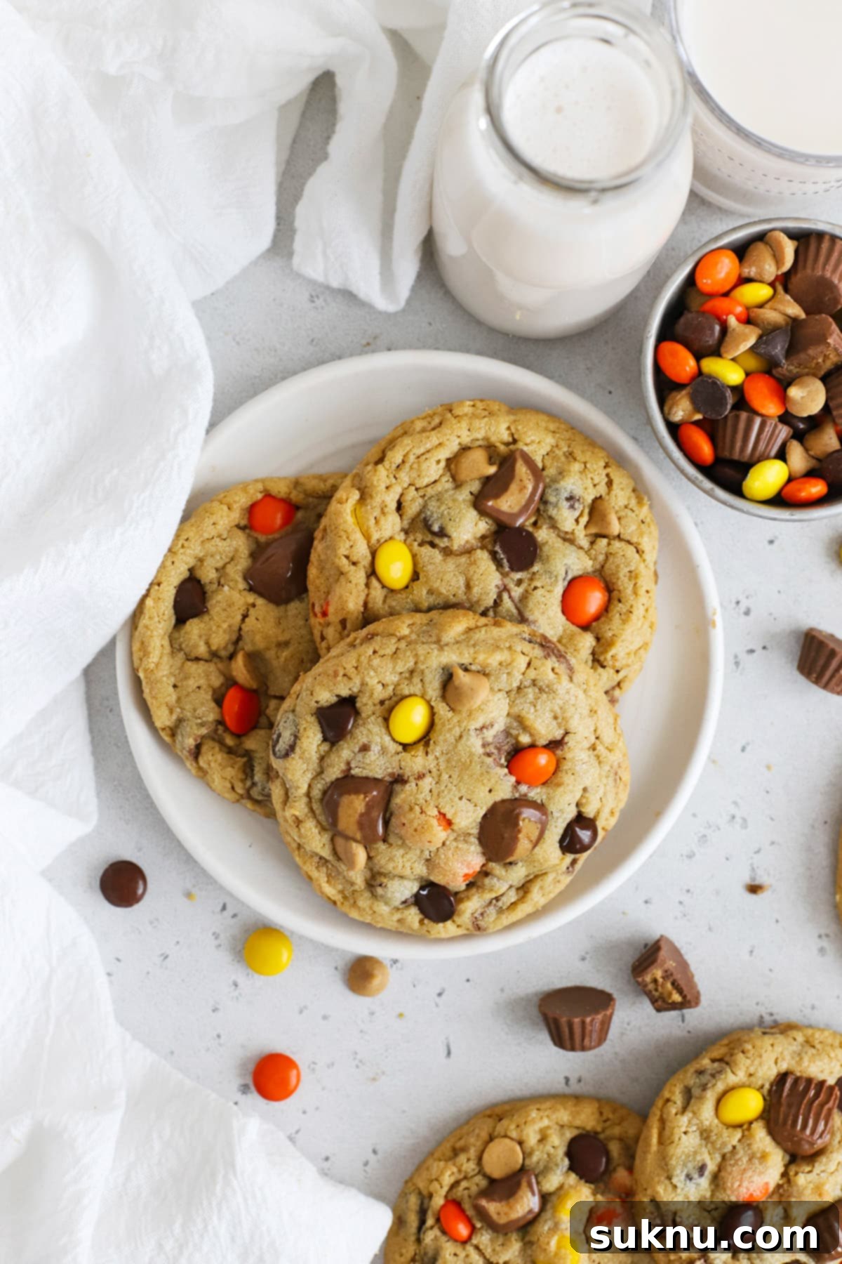 Overhead view of gluten-free Reese's cookies on a plate, ready to be enjoyed.