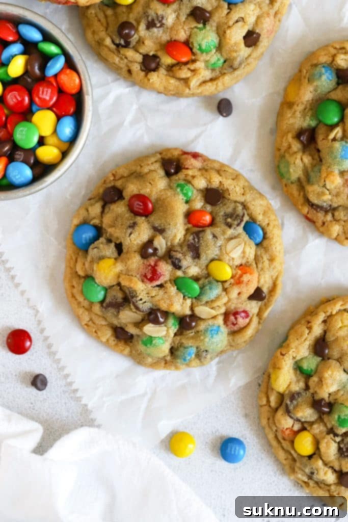 gluten free monster cookies on a sheet of parchment paper