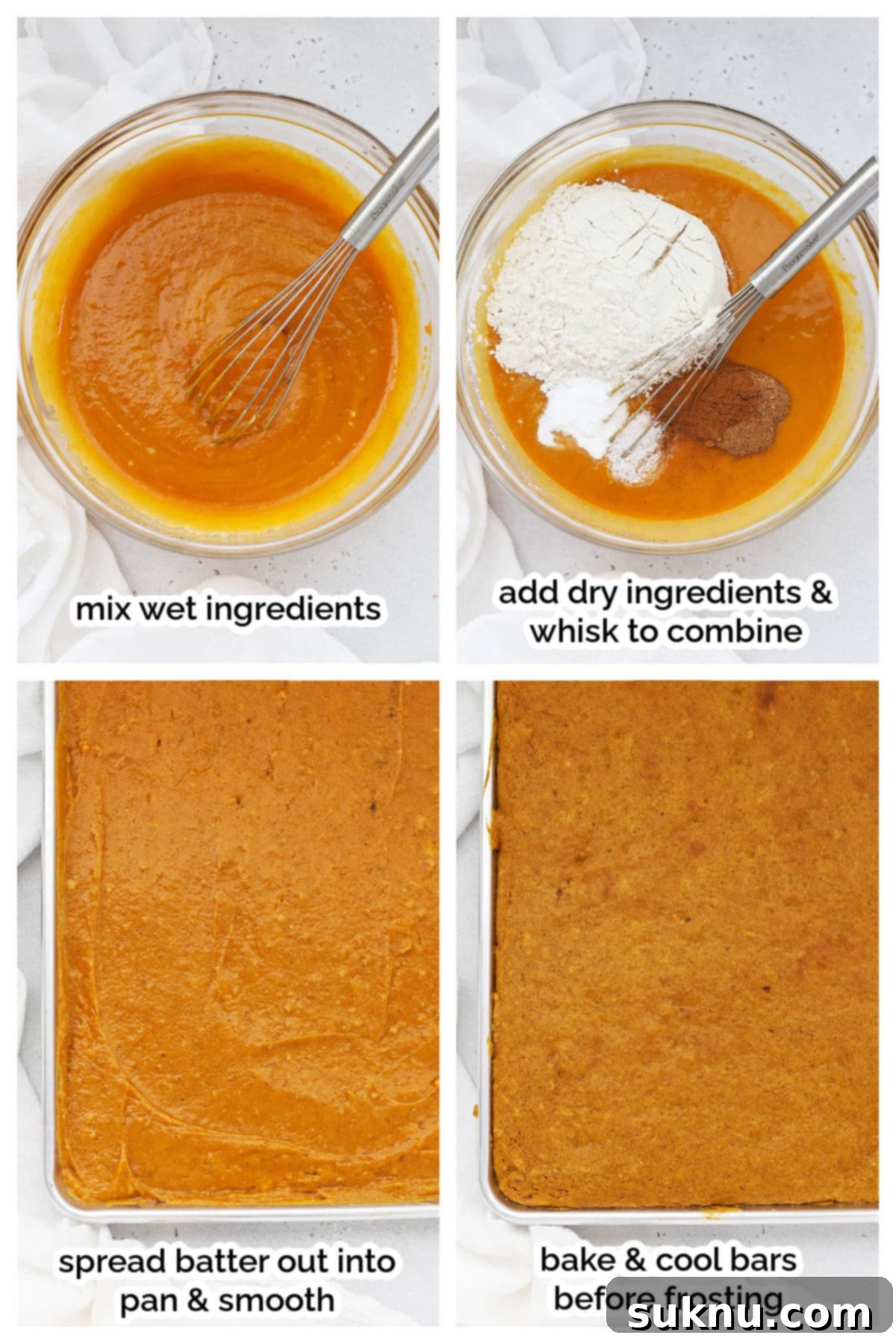A step-by-step image showing the process of mixing gluten-free pumpkin bar batter.