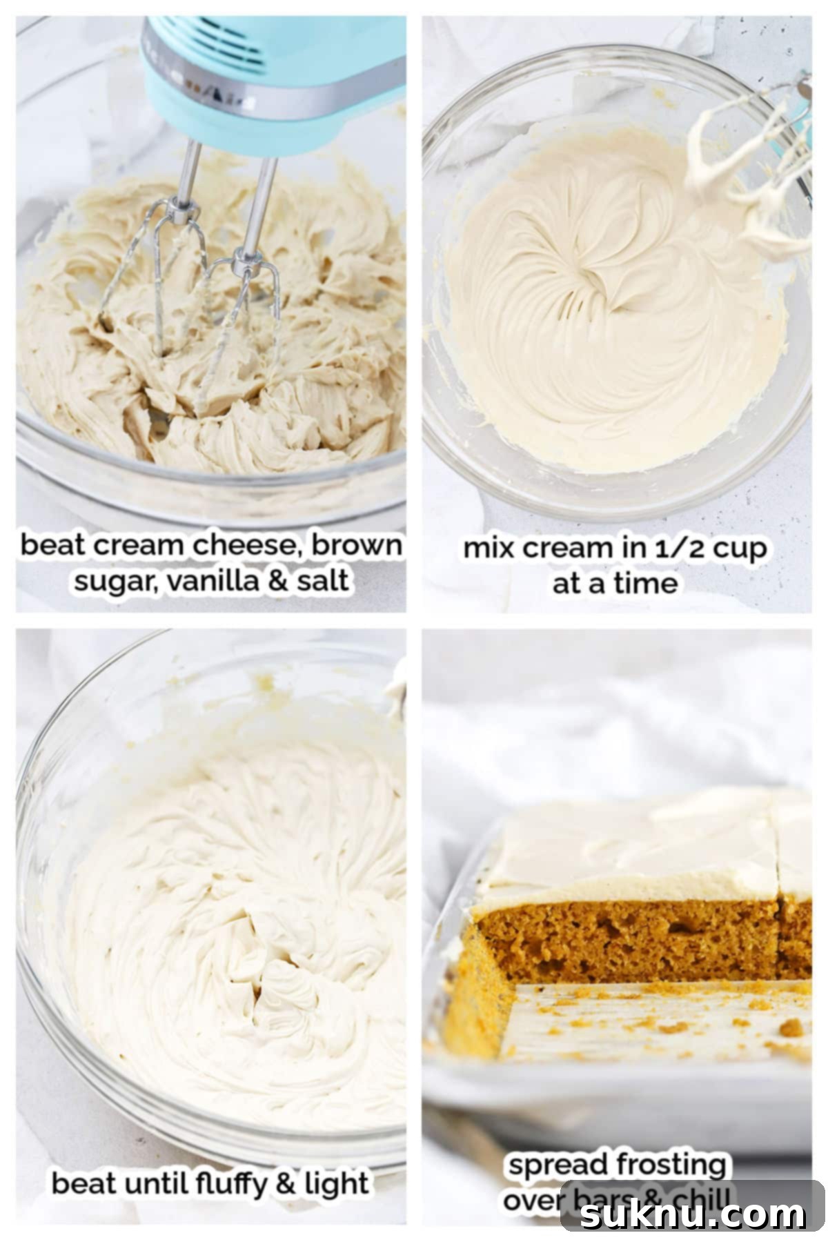 A close-up of making whipped cream cheese frosting for gluten-free pumpkin bars in a mixing bowl.