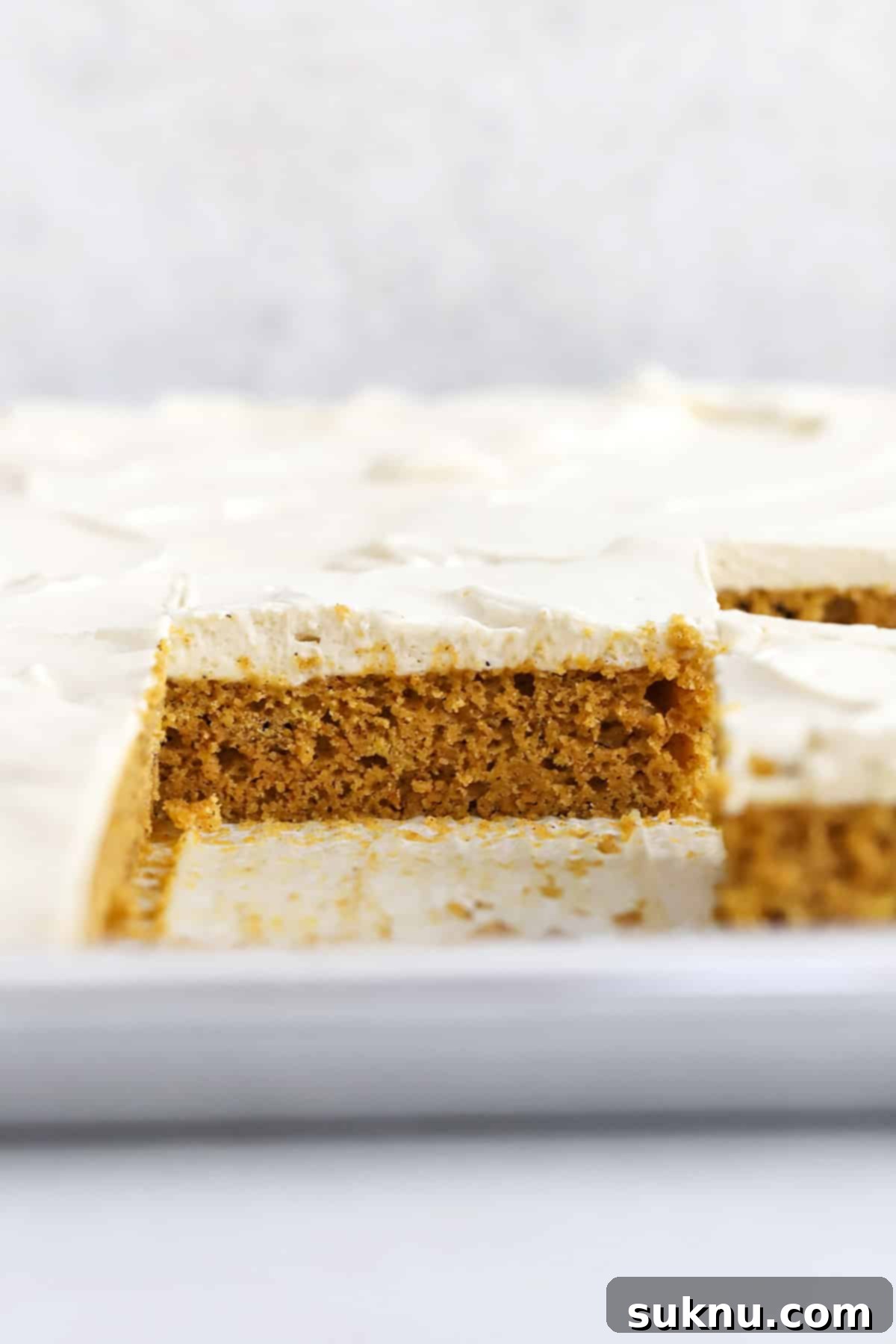 Front view of a full pan of frosted gluten-free pumpkin bars, ready to be sliced.