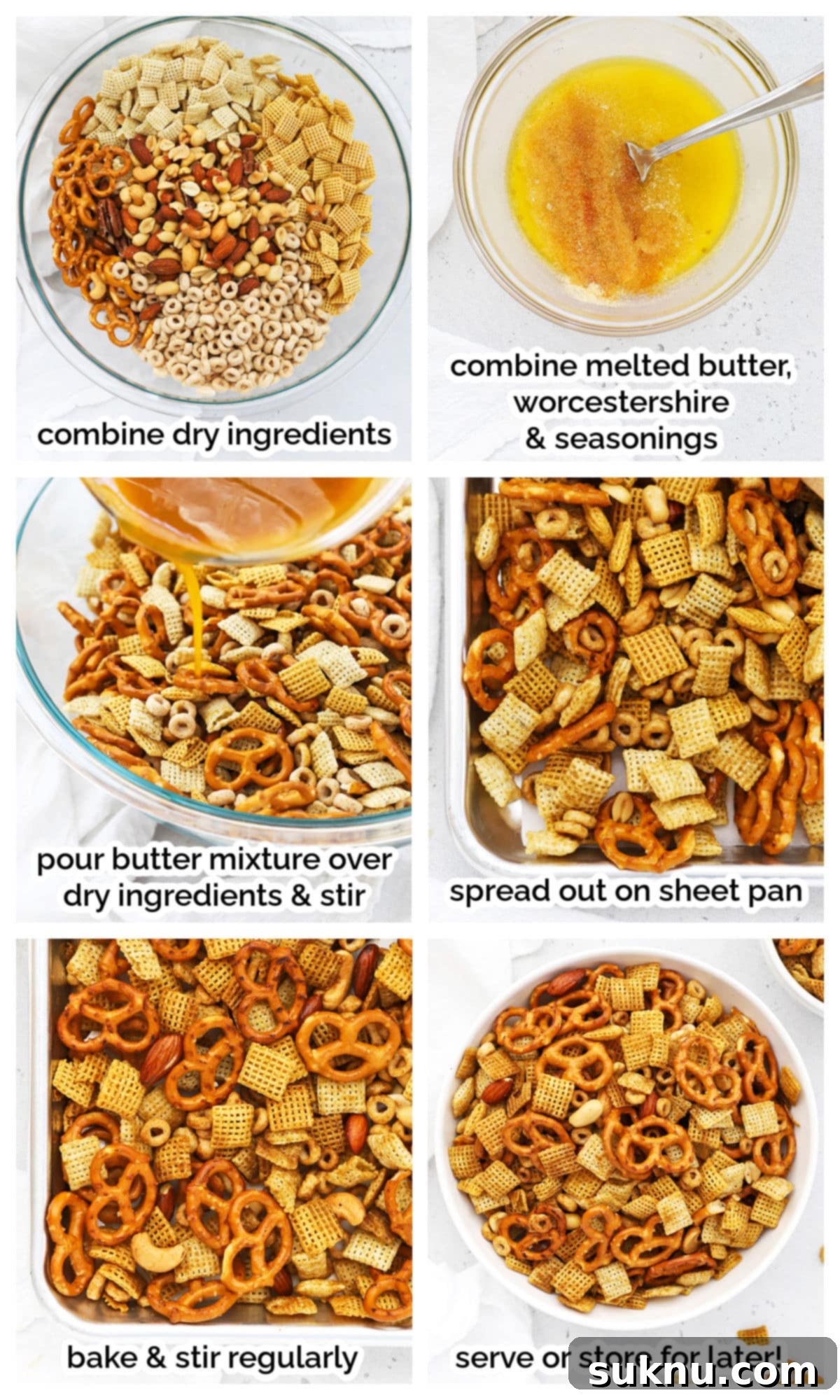 Step-by-step imagery showing the process of making homemade gluten-free Chex Mix, from combining ingredients to baking.