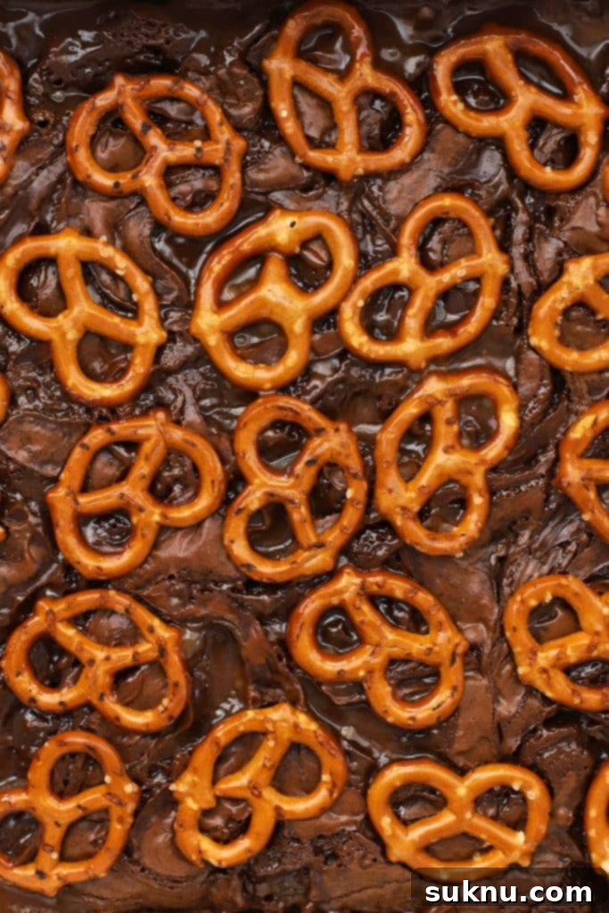 Gluten-free caramel pretzel brownies, still warm from the oven.