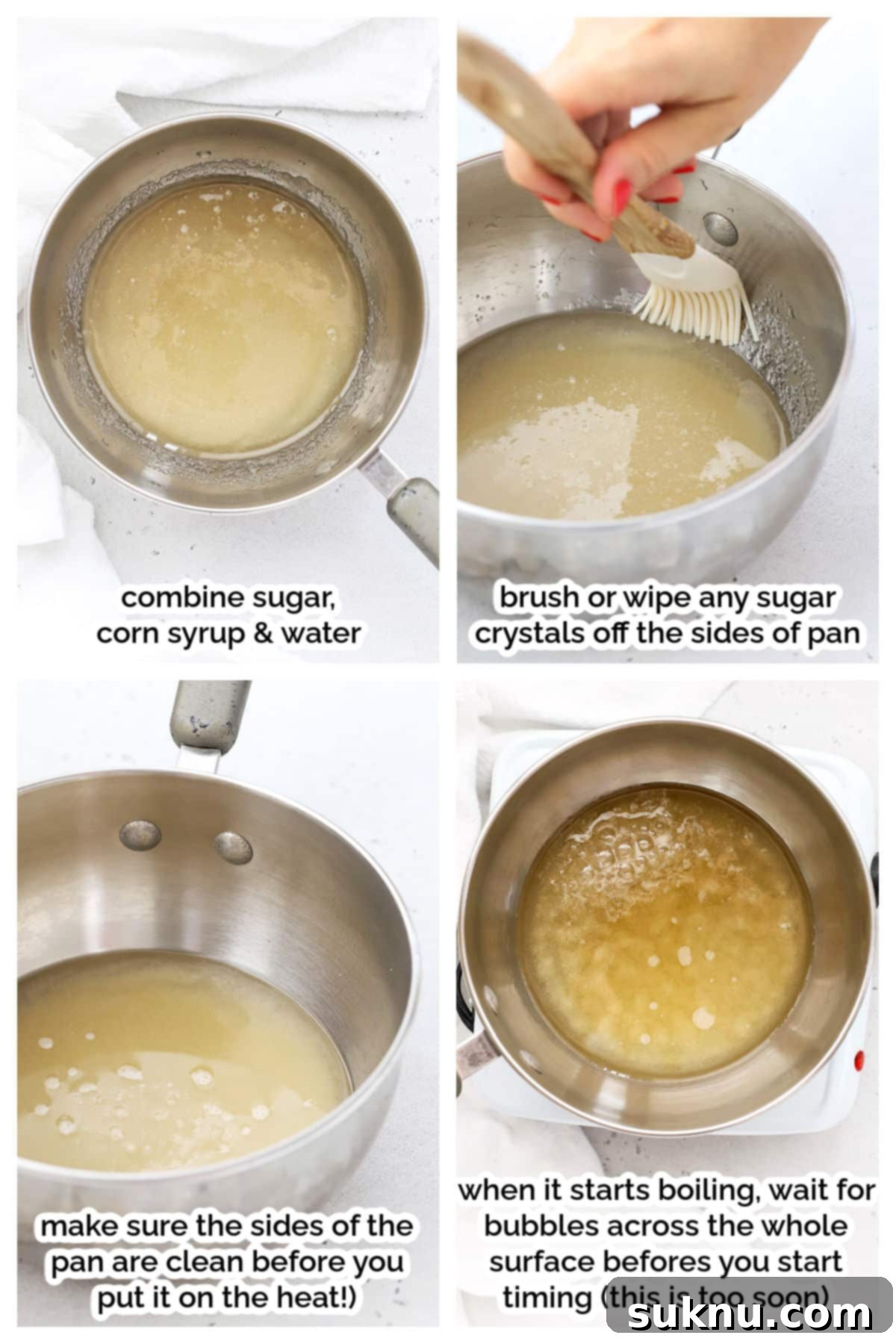 Preparing the sugar mixture for caramel sauce before it boils.