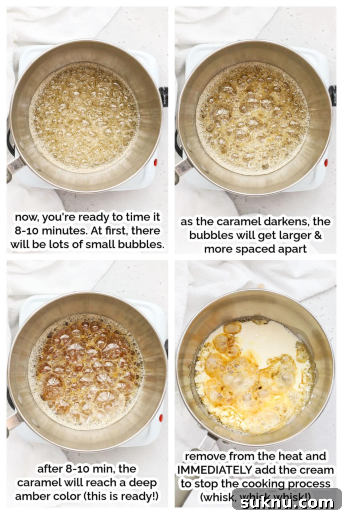 Caramel sauce boiling and turning a deep amber color in a saucepan.