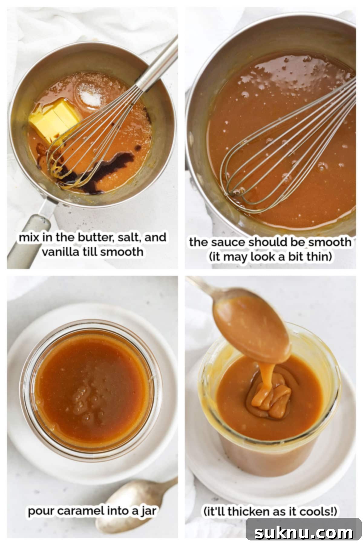 Finishing caramel sauce and pouring it into a glass jar for storage.
