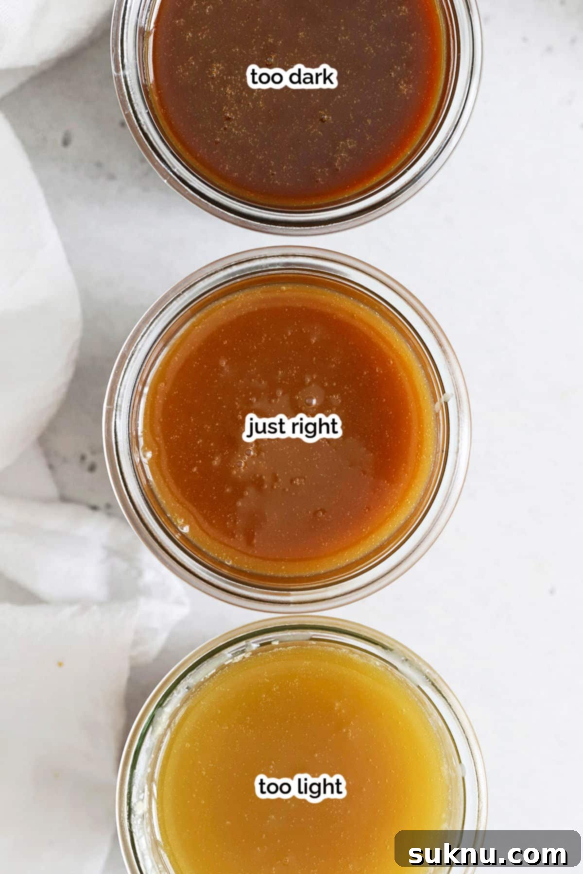 Three jars of caramel sauce showing different levels of doneness: too dark, just right, and too light.