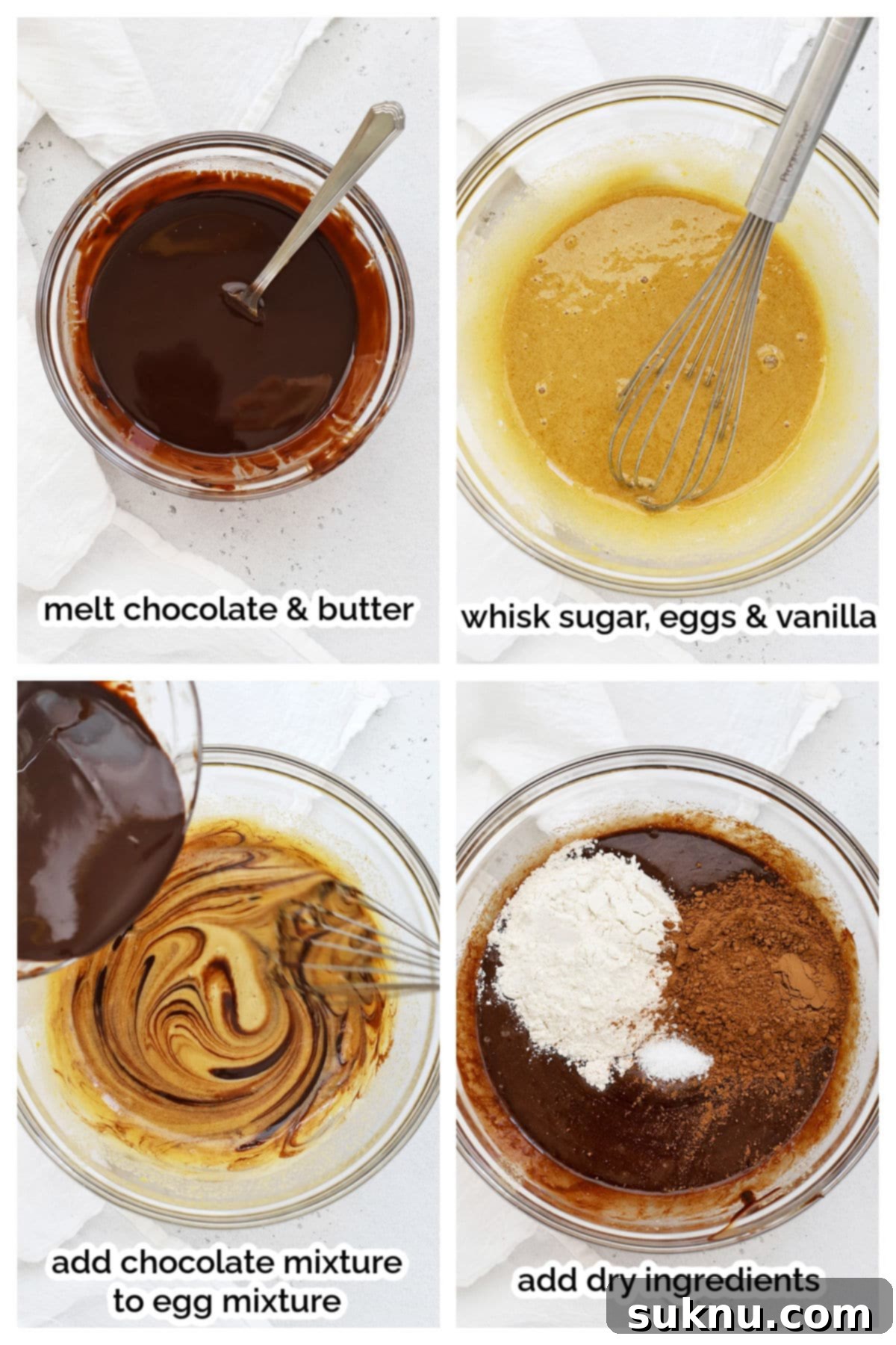 Step-by-step process of preparing caramel pretzel brownies, showing ingredients being combined in a bowl.