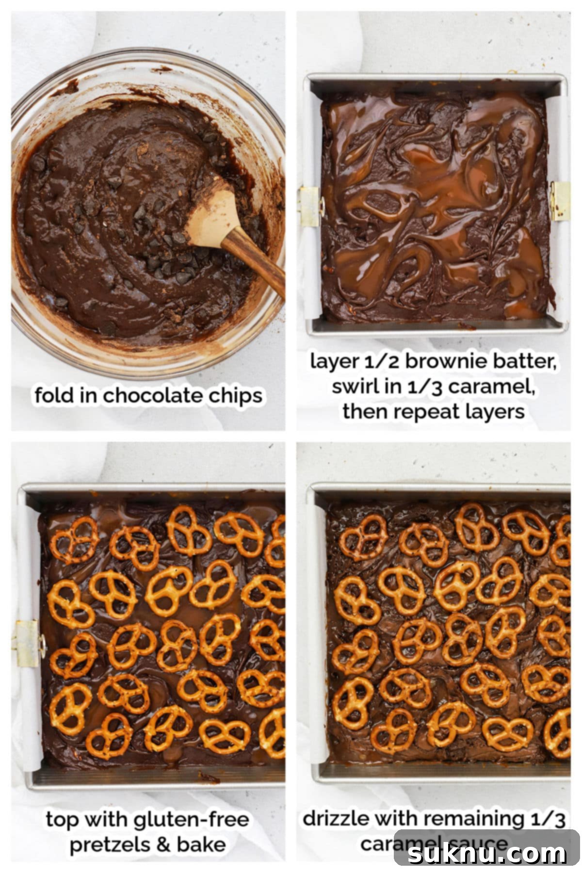 Close-up of brownie batter being layered with caramel sauce and topped with gluten-free pretzels before baking, showing the swirling technique.