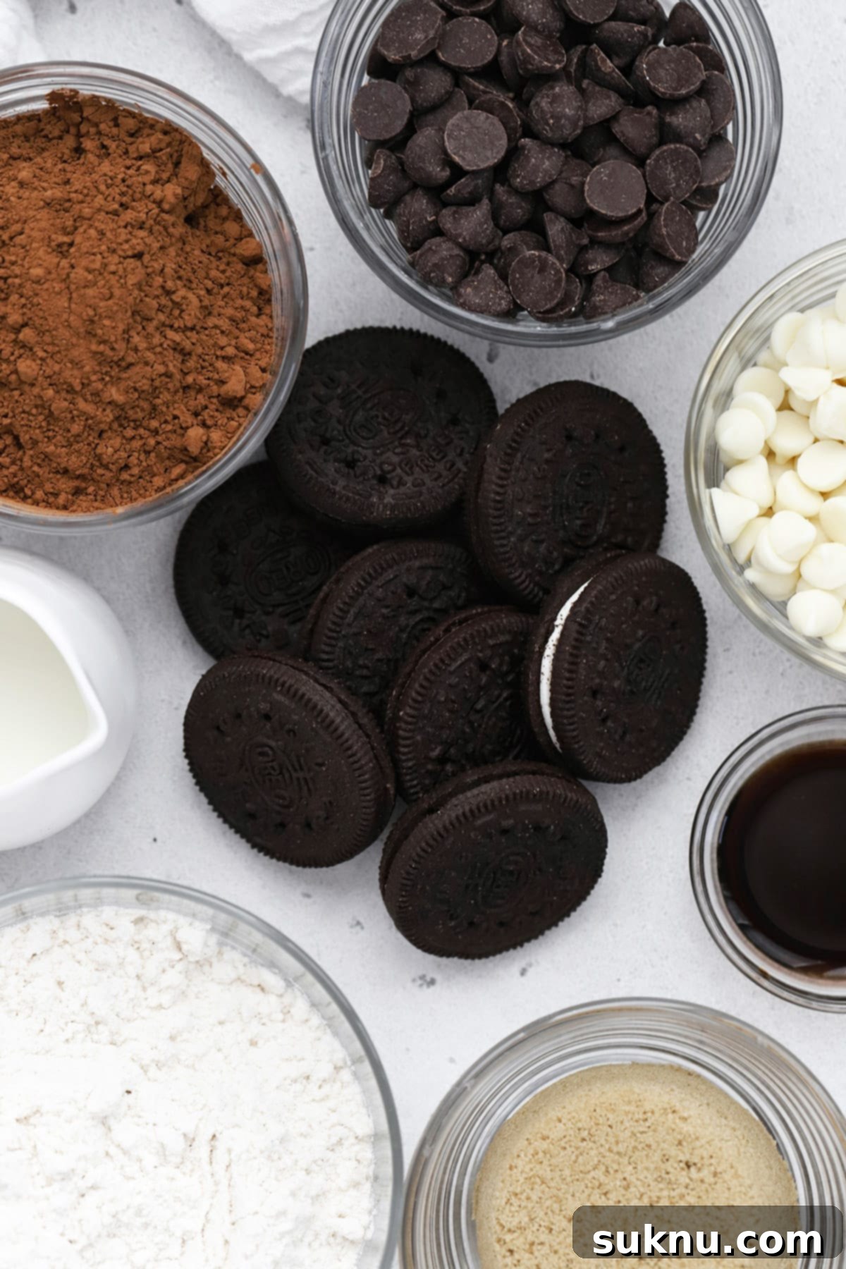 Gluten-Free Chocolate and Cookies & Cream Cookies 3 overhead view of ingredients for gluten-free chocolate cookies and cream cookies