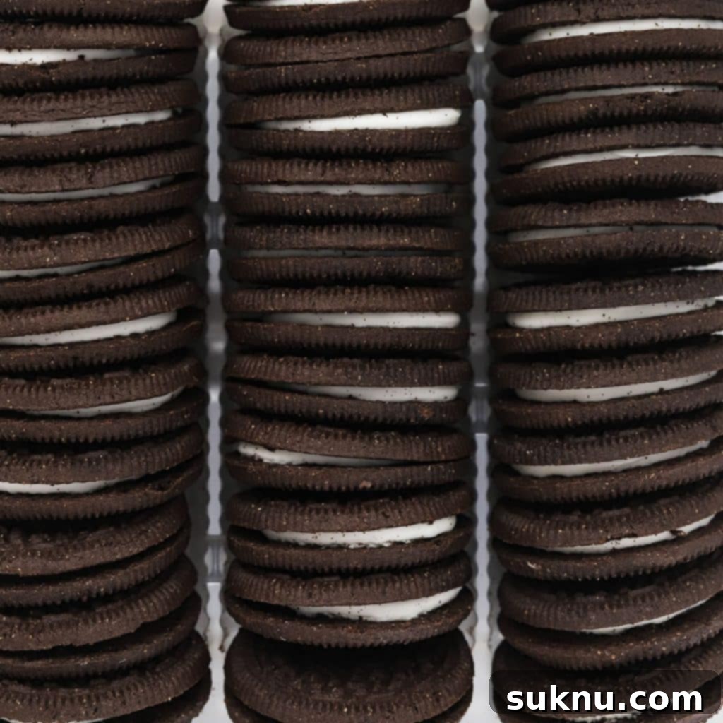 Gluten-Free Chocolate and Cookies & Cream Cookies 4 overhead view of gluten-free oreos in a package, arranged in neat lines
