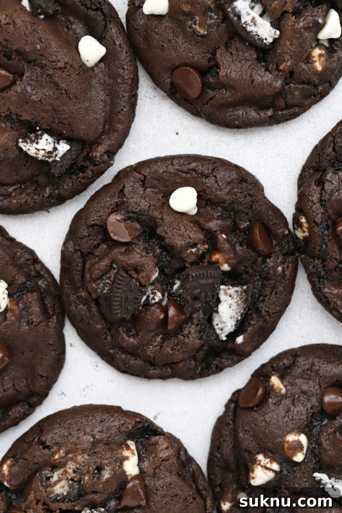 Gluten-Free Chocolate and Cookies & Cream Cookies 6 Close up overhead view of gluten-free chocolate cookies and cream cookies