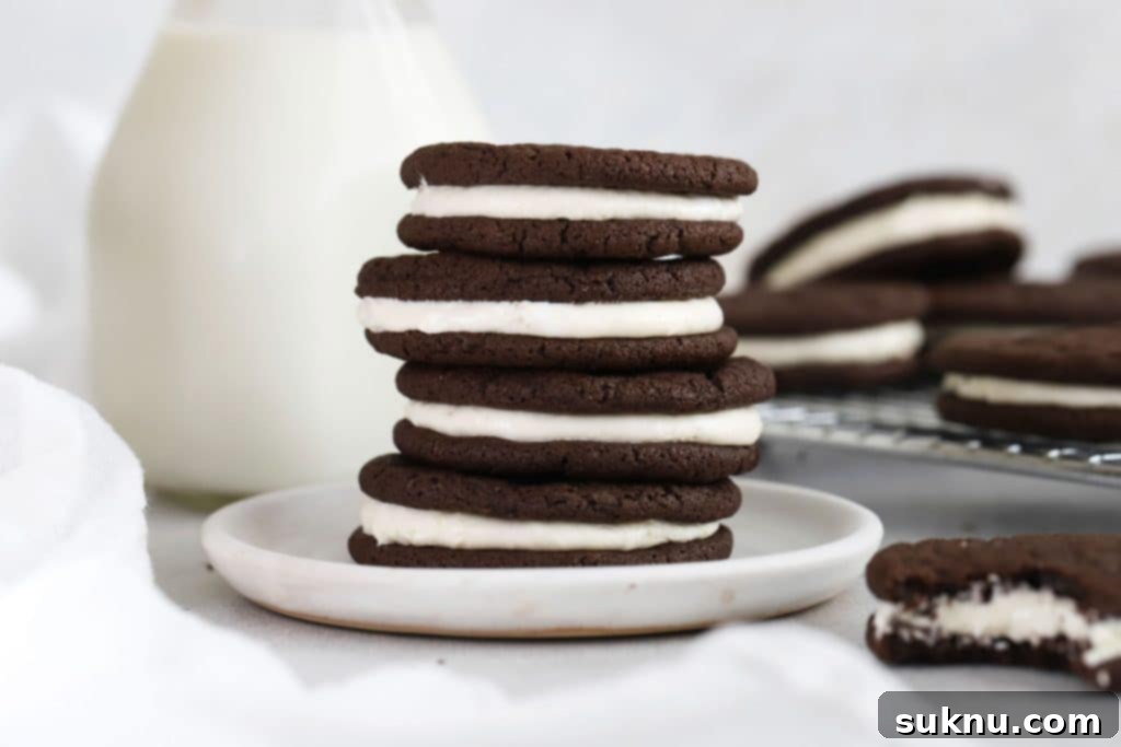 Gluten-Free Chocolate and Cookies & Cream Cookies 9 Homemade oreos stacked next to a bottle of milk