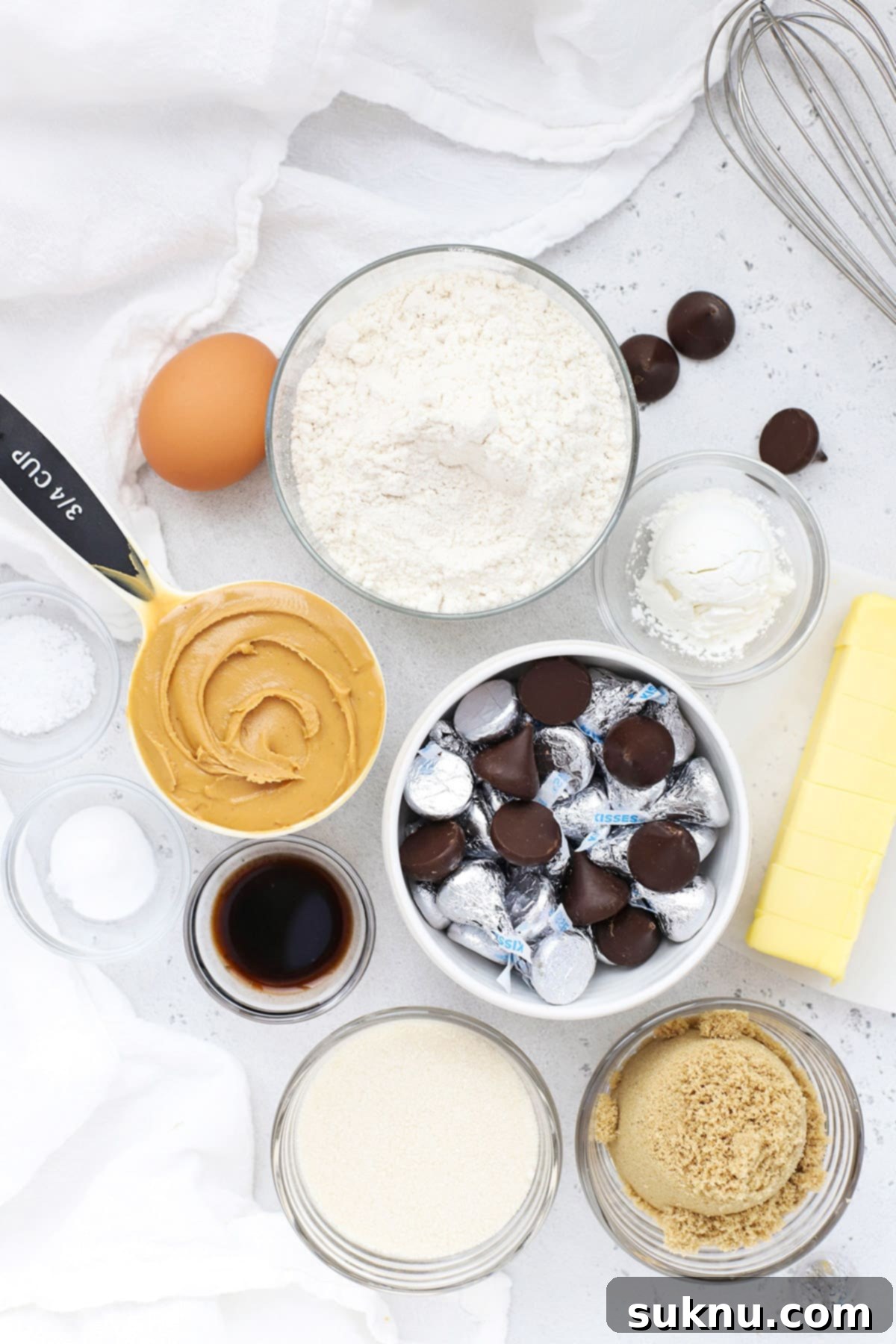 Overhead view of ingredients for gluten-free peanut butter blossoms