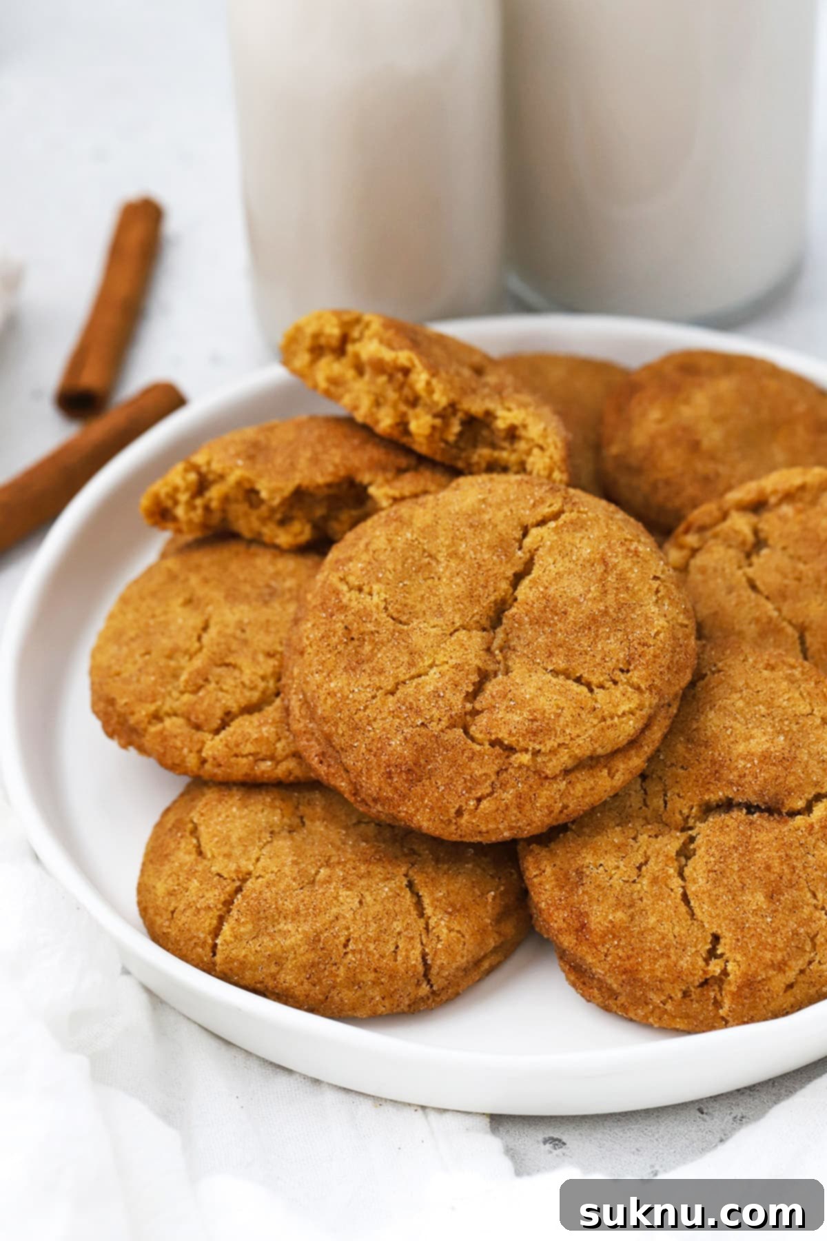 Cozy Fall Gluten-Free Pumpkin Snickerdoodles 2 Front view of gluten-free pumpkin snickerdoodles on a white plate, showcasing their soft, chewy texture and cinnamon-sugar coating.