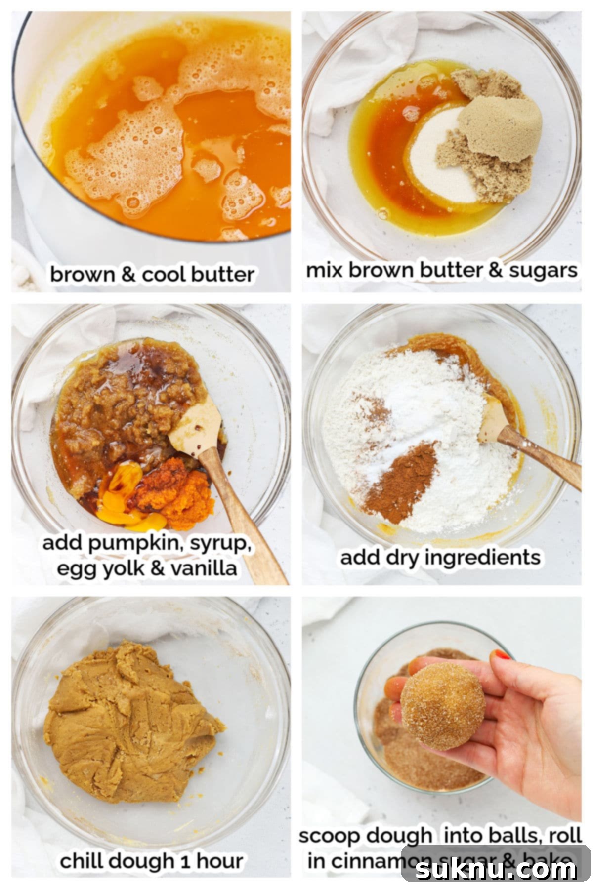 Cozy Fall Gluten-Free Pumpkin Snickerdoodles 4 Step-by-step visual guide to making gluten-free pumpkin snickerdoodles, showing dough being mixed and rolled.