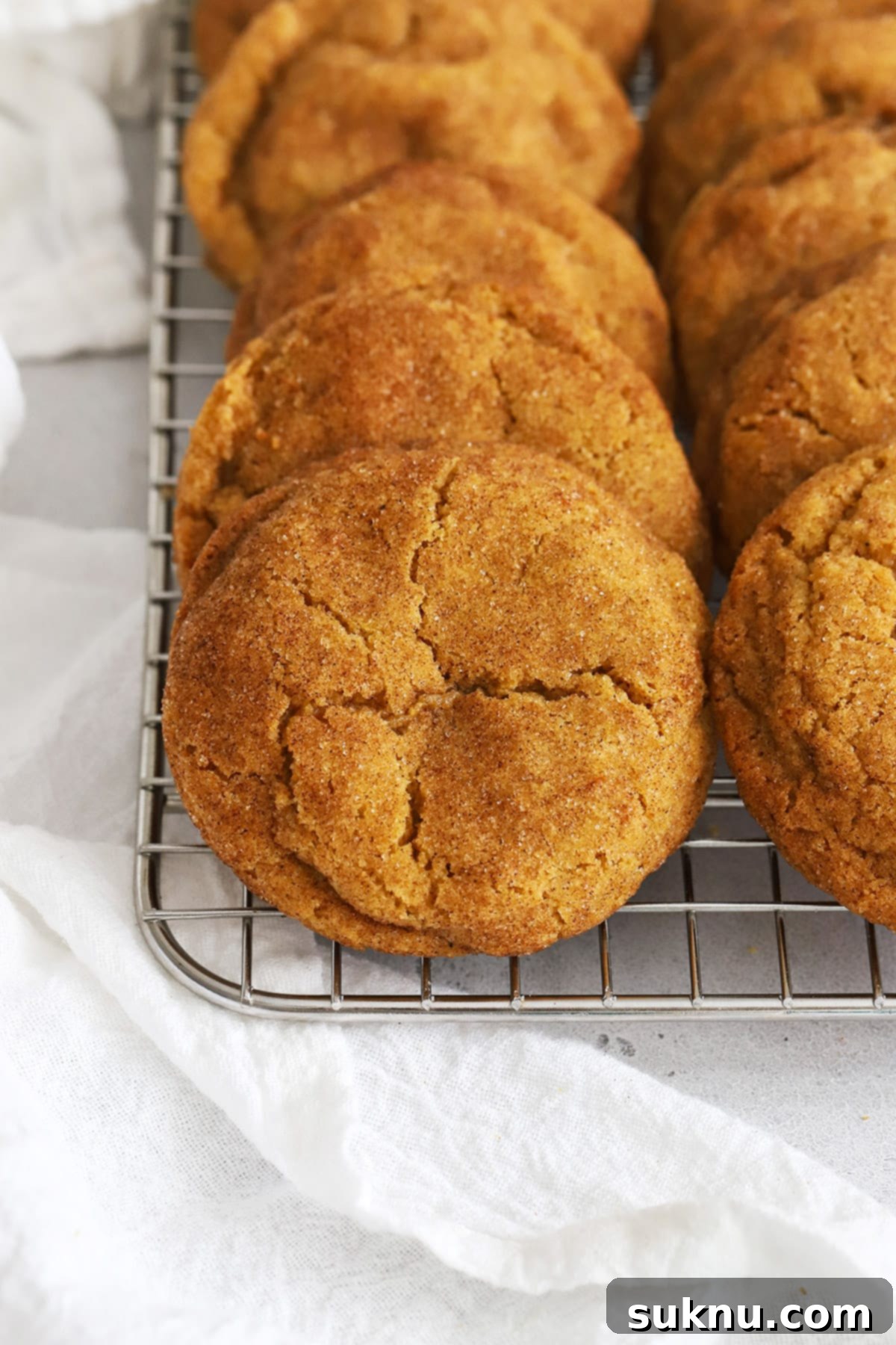 Cozy Fall Gluten-Free Pumpkin Snickerdoodles 5 Gluten-free pumpkin snickerdoodles cooling on a wire rack after being freshly baked.