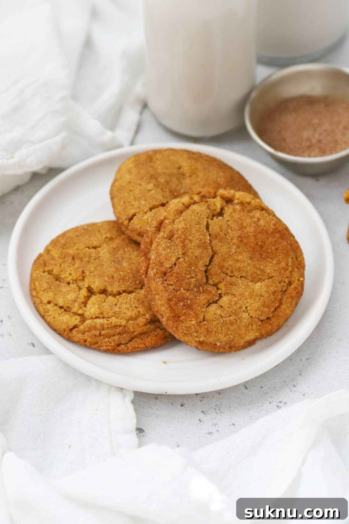 Cozy Fall Gluten-Free Pumpkin Snickerdoodles 8 Front view of several gluten-free pumpkin snickerdoodles arranged on a white plate, ready to be enjoyed.