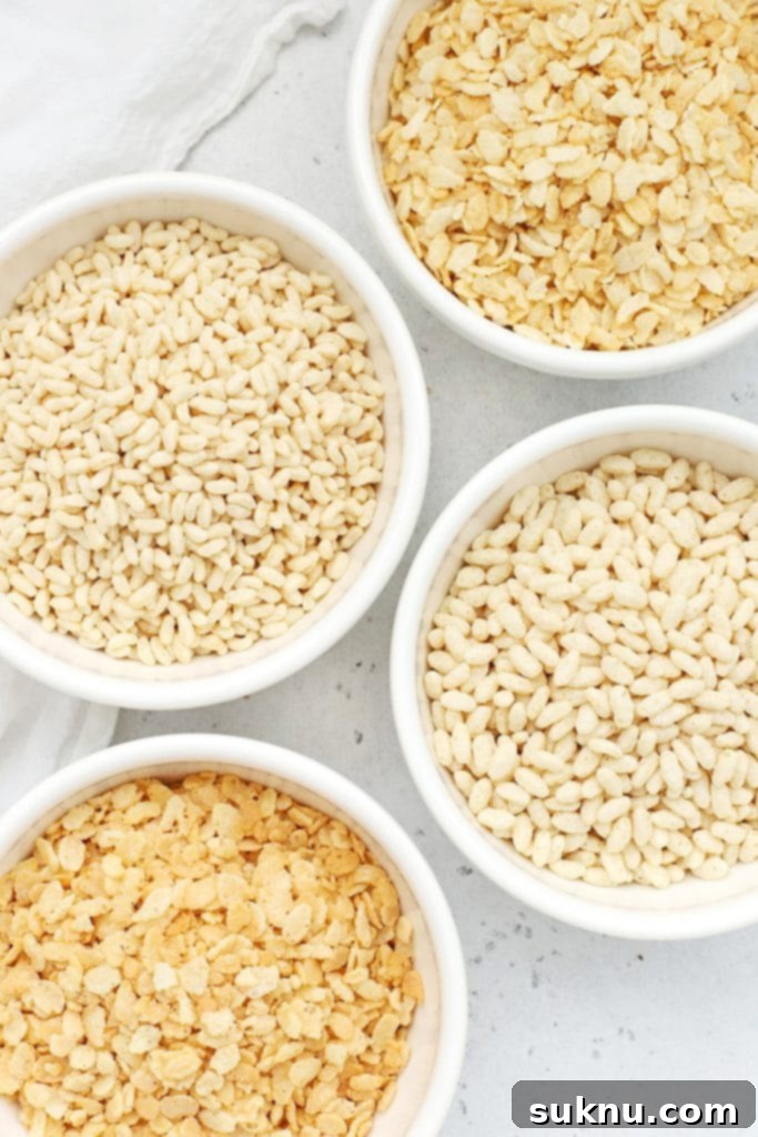 The Gluten-Free Verdict On Maple Syrup 13 Overhead view of four bowls of gluten-free crisp rice cereals, suggesting more gluten-free guides.