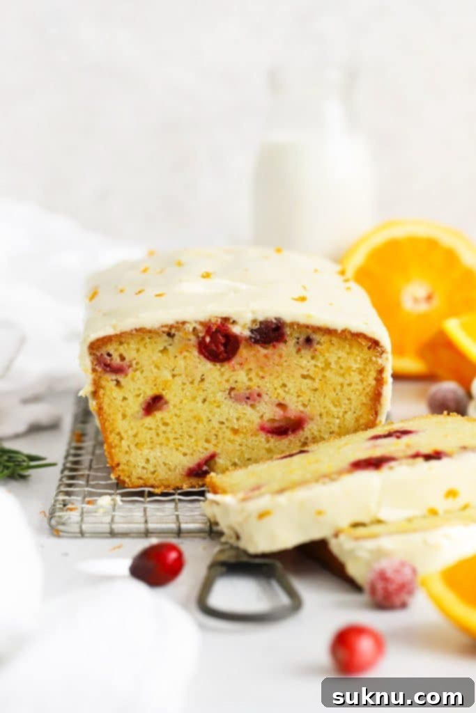 Sparkling Sugared Cranberries 16 Front view of gluten-free orange cranberry loaf cake sliced, so you can see the soft, fluffy texture inside