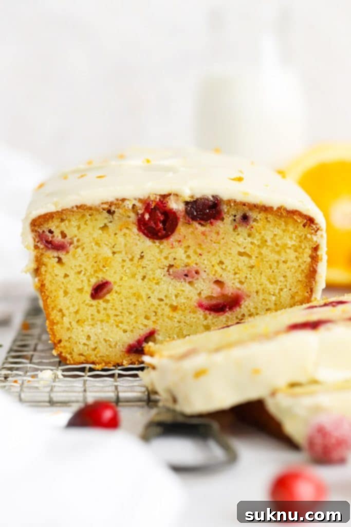 Sparkling Sugared Cranberries 19 Front view of gluten-free orange cranberry loaf cake sliced, so you can see the soft, fluffy texture inside